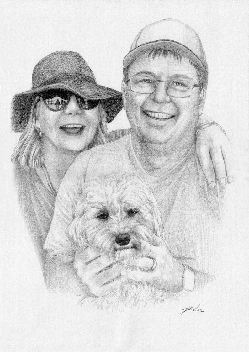 family pencil portrait drawing from a photo. Custom portrait