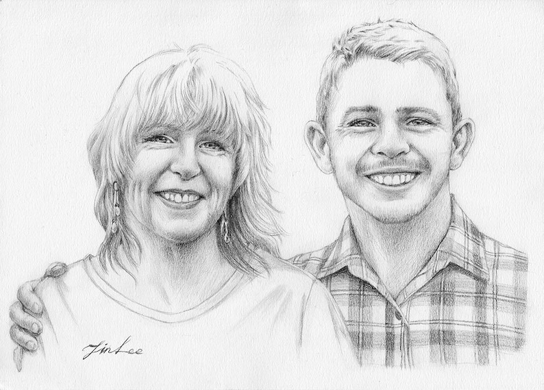 family pencil portrait drawing from a photo. Custom portrait