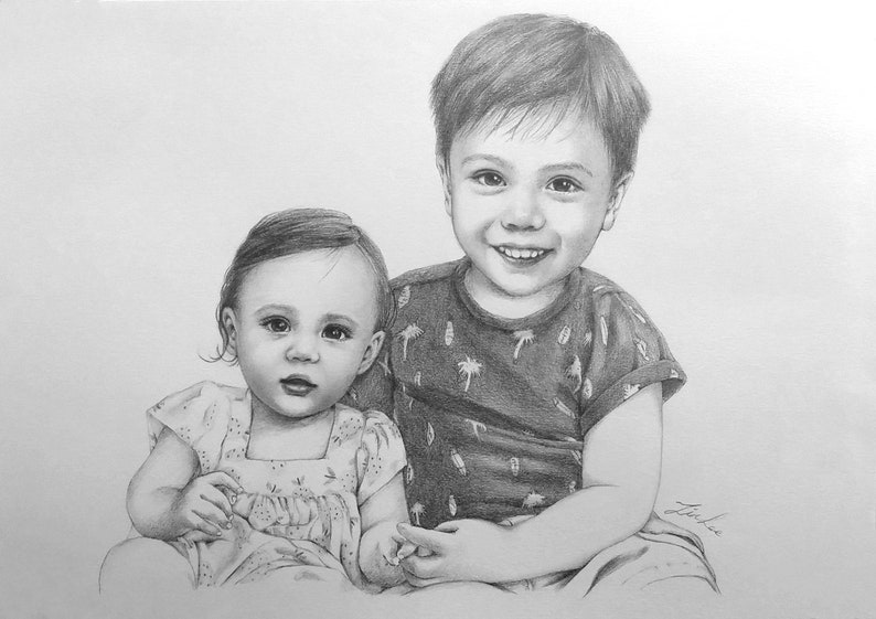 family Custom portrait baby girl and boy pencil portrait drawing from a photo.