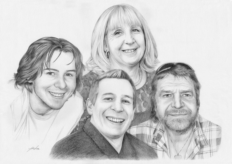 family pencil portrait drawing from a photo. Custom portrait