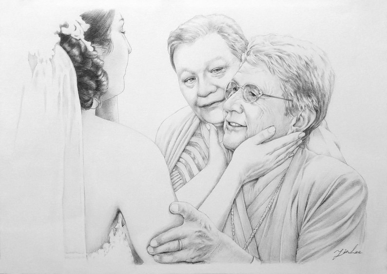 family Custom portrait baby girl and boy pencil portrait drawing from a photo.