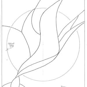 Puede incluir: Un dibujo en blanco y negro de un pájaro estilizado con un círculo en el fondo. El dibujo está etiquetado como "Borde opcional" con una flecha que apunta al círculo.