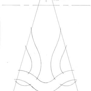 May include: A black and white line drawing of a pattern design. The pattern is a symmetrical design with a triangular shape and curved lines. The text "PATTERN 19 NAME:" is written at the top of the image.