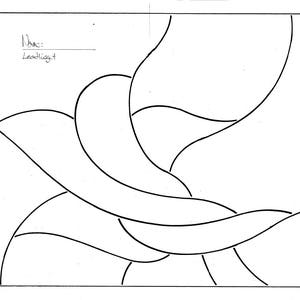 Könnte beinhalten: Eine Schwarzweiß-Linienzeichnung eines stilisierten abstrakten Designs. Das Design besteht aus sich überlappenden Kurven und Linien, die ein Gefühl von Bewegung und Fluss erzeugen.