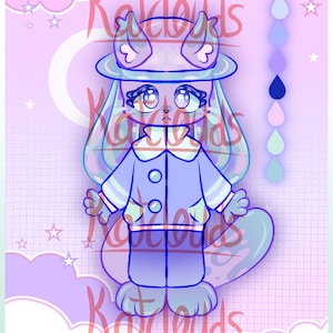 May include: Digital illustration of a cartoon character in blue and purple tones, wearing a hat, jacket, and trousers. The character has large eyes and a tail. The background is pink with clouds, stars, and the text "Katclouds".
