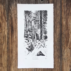 Fontainebleau, bouldering, climbing, forest, rock climbing, Lino Print