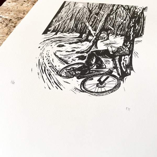 Wood engraving, winter trails, Cycling Art, MTB art, Limited Edition Print,