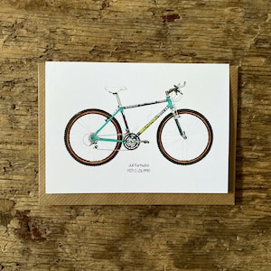 Cartão de ciclismo, Cartão de bicicleta de montanha retrô, Ilustração de bicicleta, Ciclos Yeti, Juli Furtado,