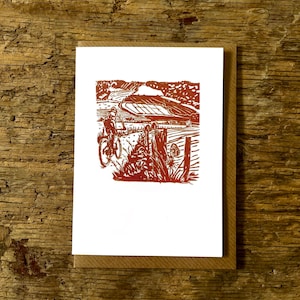 Cycling Card, Mountain Bike Card, Bike Illustration, Lino Print, South Downs way