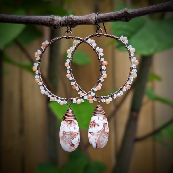 Beaded Hoop Earrings with Laguna Lace Agate, Rainbow Moonstone, and Peach Moonstone // Hypoallergenic Hoop Earrings