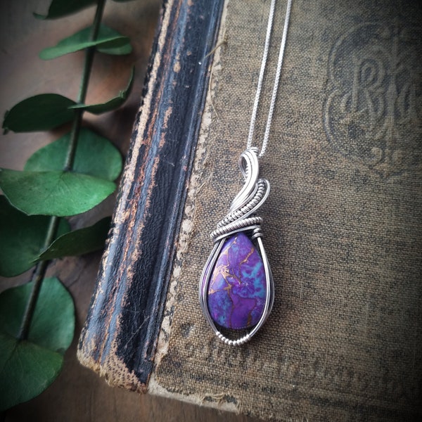 Purple Mohave Turquoise Necklace in Sterling Silver // Sterling Silver Wire Wrapped Purple Mohave Turquoise