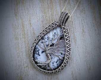 Dendritic Opal Tree of Life Necklace in Sterling Silver // White Stone Tree of Life Pendant // Dendritic Opal Yggdrasil