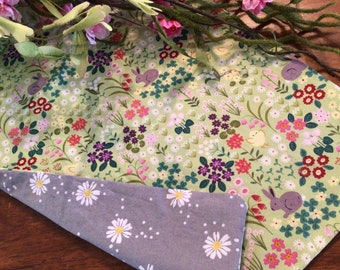 Easter Table Runner: Rustic Bunny & Floral Print, Reversible