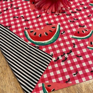 May include: A red and white checkered fabric with watermelon slices and black ants. A black and white striped fabric is folded over the checkered fabric. A pink gerbera daisy is placed on top.