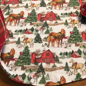 Christmas Plaid Tree Skirt Woodsy Tree Skirt Log Cabin Christmas horse decor Christmas horse Tree skirt reversible Mare and colt tree skirt