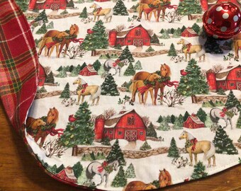 Christmas Plaid Tree Skirt Woodsy Tree Skirt Log Cabin Christmas horse decor Christmas horse Tree skirt reversible Mare and colt tree skirt