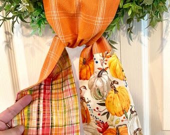 Reversible Fall Wreath Scarf: Plaid & Pumpkin Autumn Decor