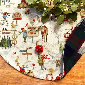 Santa Claus Christmas Tree Skirt Reindeer, Forest Animals,Christmas plaid tree skirt tree farm vintage children playing in the snow