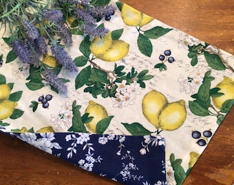 Reversible Lemon Table Runner: Farmhouse Americana Navy Floral Decor