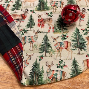 Reindeer Christmas Tree Skirt: Woodsy Plaid Flannel tree skirt deer tree skirt large tree skirt table top tree skirt deer in snow tree skirt