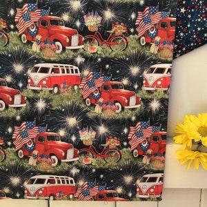 Red truck Patriotic table runner reversible Americana bicycle  red camper 4th of July table runner Americana table runner farmhouse table