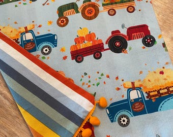 Fall Farmhouse Table Runner: Red Truck, Pumpkins, Autumn Decor