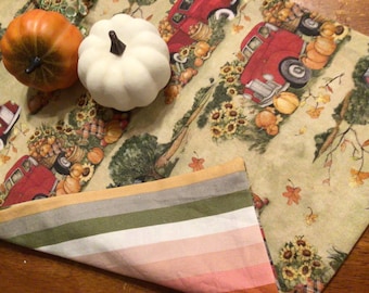 Fall Table Runner: Sage Green Farmhouse Truck, Pumpkin & Sunflower