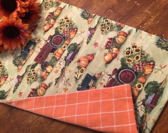 Farmhouse Fall Table Runner: Pumpkin, Tractor, Sage Plaid Reversible