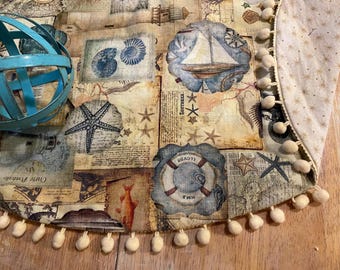 Nautical Christmas Tree Skirt: Sailboat Ocean Map tree skirt pom pom trim lighthouse tree skirt ocean lover tree skirt whale starfish  tree