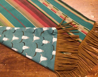 Western Cattle Skull Table Runner: Turquoise Ranch Decor