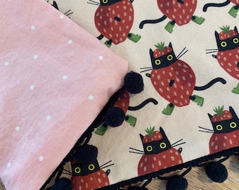 Strawberry cat table runner black cat spring table runner summer cat table runner strawberry table runner cat lover