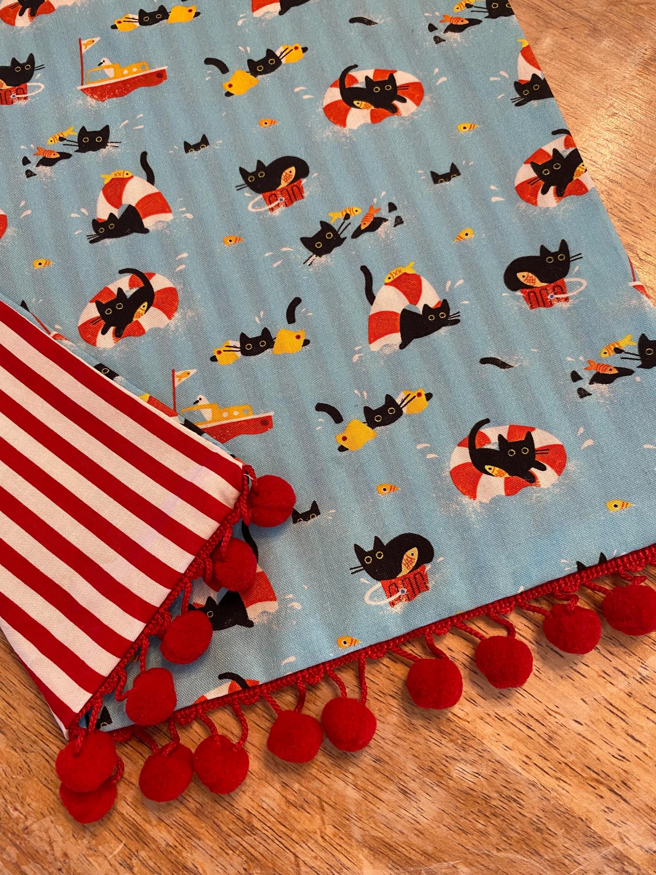 cat table runner summer beach kitten table runner cat lover summer cat table runner Spring kitten runner cat swimming ocean black cat decor