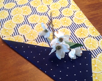 Reversible Lemon Table Runner: Farmhouse Americana Navy Polka Dot