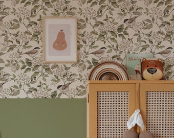 Birds and beige Spring wallpaper DEKORNIK, vintage wallpaper, girl's room wall design