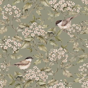Vögel und grüner Frühling DEKORNIK Tapete, Boho Vintage Tapete, Grüne Kinder Tapete, wunderliches Kinderzimmer