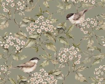 Birds and Green Spring DEKORNIK wallpaper, Boho vintage wallpaper, Green kids wallpaper, Whimsical Nursery