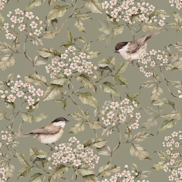 Birds and Blossoms Wallpaper: Green Spring Nursery Wall Art