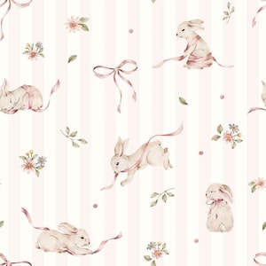 Rosa Häschen auf Streifen DEKORNIK Wallpaper, süsse Kinderzimmer Wanddeko