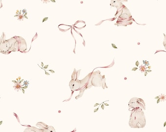 Pink Rabbits on White DEKORNIK Wallpaper, Nursery Wall Decor, Delicate Wallpaper for Newborn