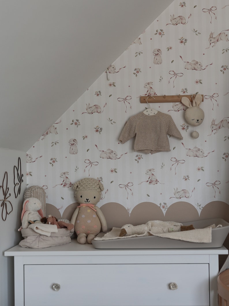 Pink Rabbits Wallpaper: Striped Nursery Wall Decor - Etsy