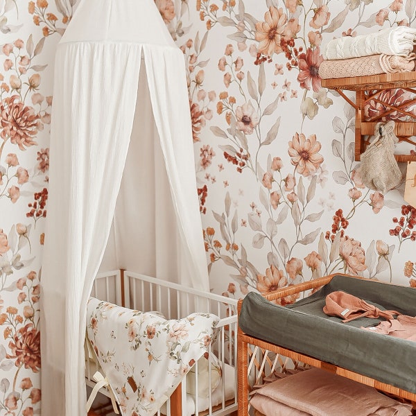 Autumn Meadow White Wallpaper, boho nursery wallpaper, baby girl wallpaper