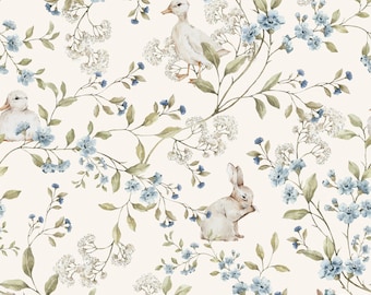 Meadow Friends with ducks and bunnies Wallpaper DEKORNIK, delicate baby nursery wallpaper, Easter pattern