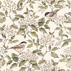 Vögel und beige Frühlingstapete DEKORNIK, Vintage Tapete, Mädchenzimmer Wandgestaltung
