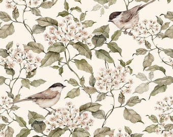 Birds and beige Spring wallpaper DEKORNIK, vintage wallpaper, girl&#39;s room wall design