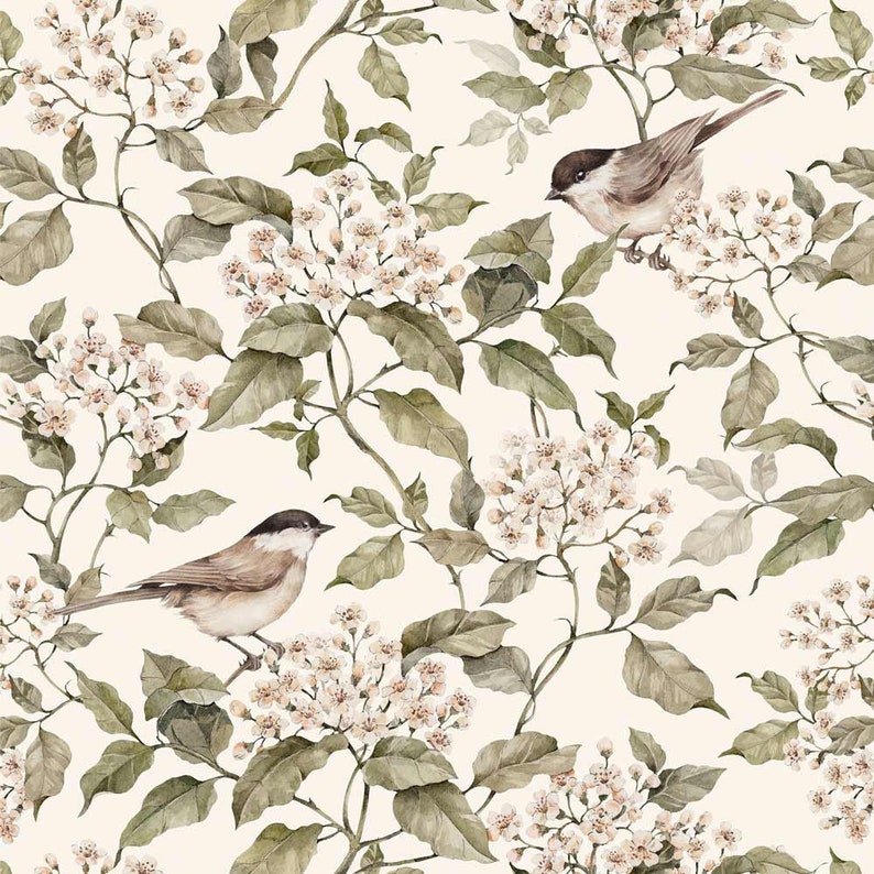 Birds on beige and green vintage wallpaper, perfect for a kid's room