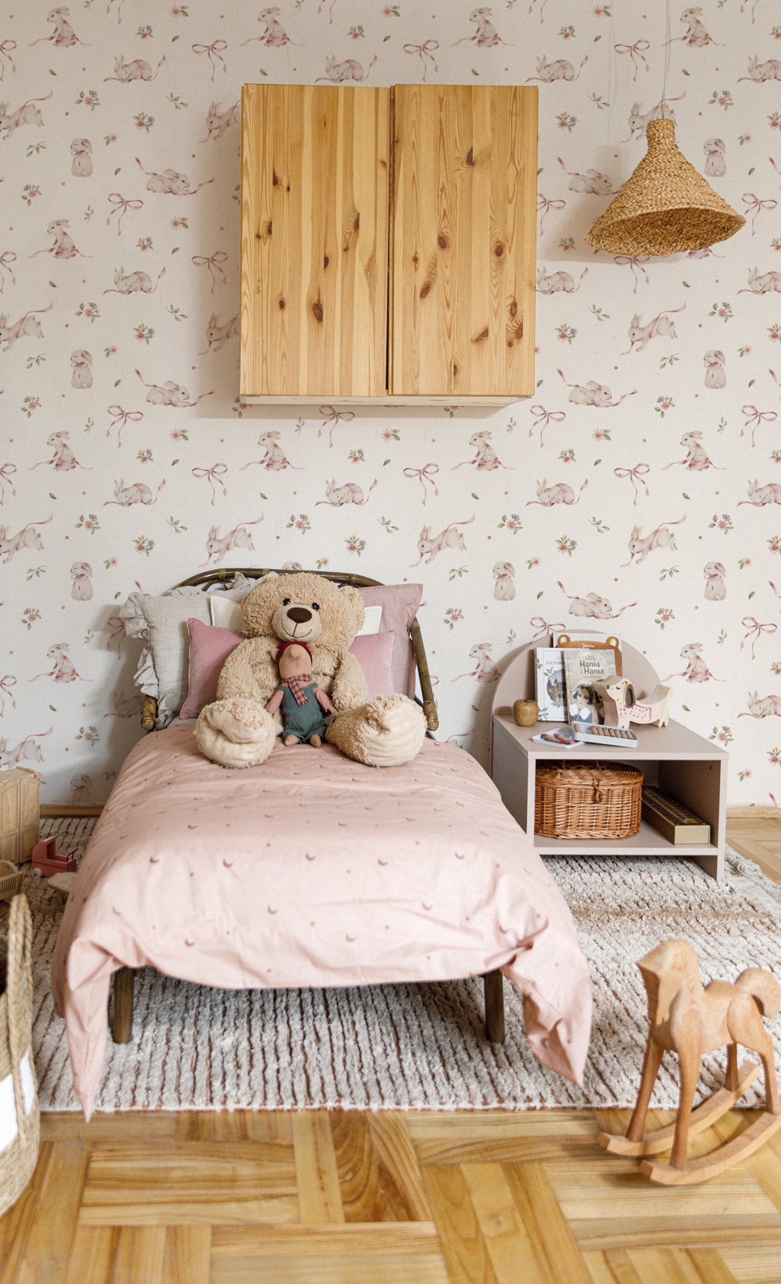 Pink Rabbits on White DEKORNIK Wallpaper, Nursery Wall Decor, Delicate ...