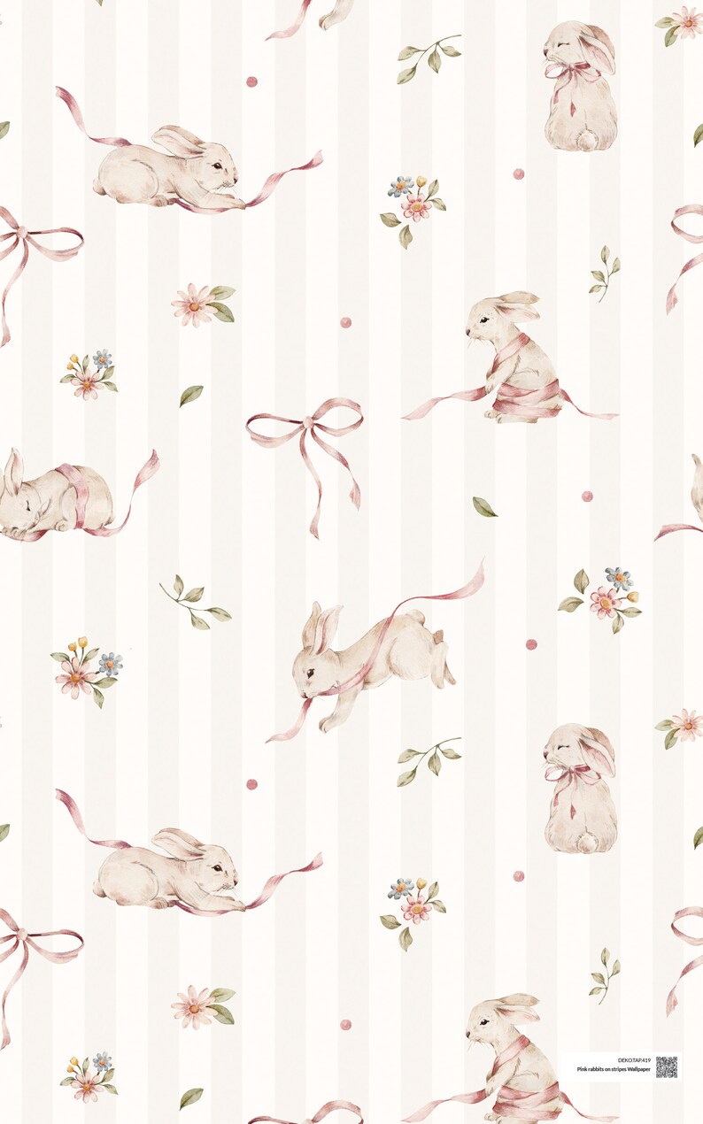 Pink Rabbits Wallpaper: Striped Nursery Wall Decor - Etsy