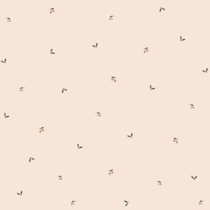 Peut inclure: Un motif sans couture avec de petites feuilles vertes et des baies roses sur un fond pêche clair.