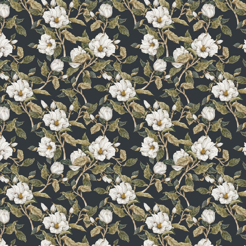 Dekornik Wallpaper Magnolias Navy blue Etsy