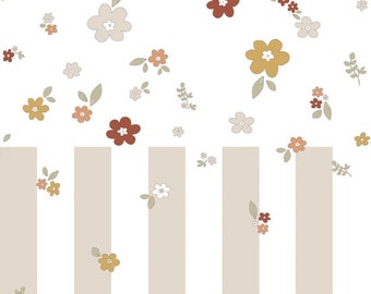 Boho Meadow and Stripes Wallpaper, floral wallpaper for baby girl nursery